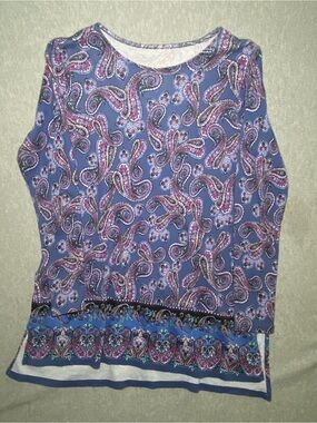 J. JILL CREW NECK TUNIC SHIRT 100% PIMA COTTON PAISLEY BLUE PURPLE Small Petite